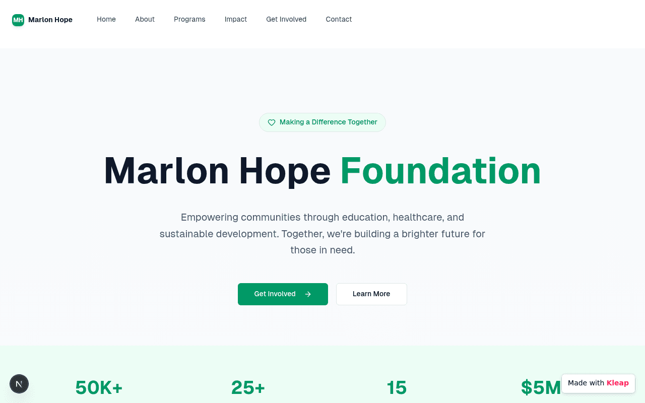 A clean, functional foundation website promoting education, healthcare, and sustainable development.