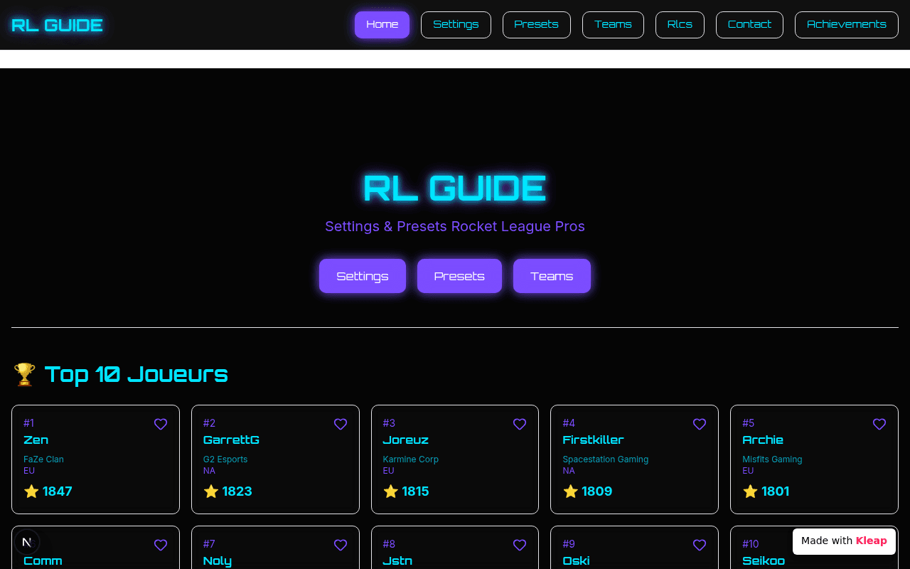 A sleek guide to Rocket League pro settings and player stats, designed for enthusiasts.