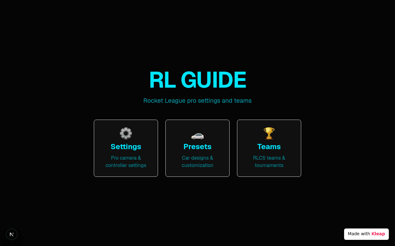 A clean, dark interface for Rocket League players seeking pro settings and team insights.