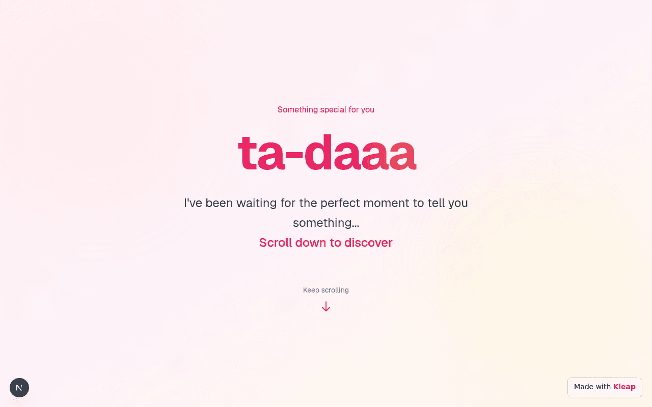 A playful introductory page building anticipation for new content with a gentle gradient.