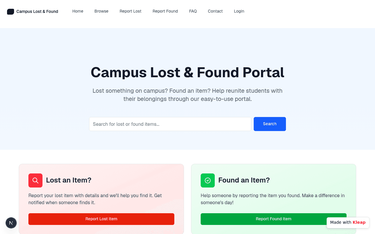 A clean portal for students to reunite with their lost and found belongings on campus.
