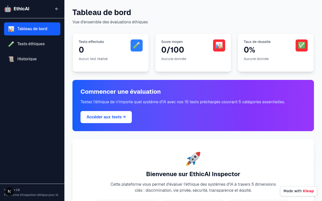 An intelligent dashboard designed to evaluate AI ethics across 5 crucial dimensions.