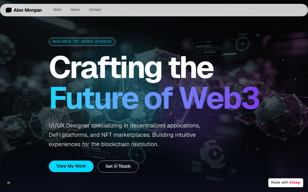 A UI/UX designer's sleek portfolio showcasing expertise in Web3 and blockchain.