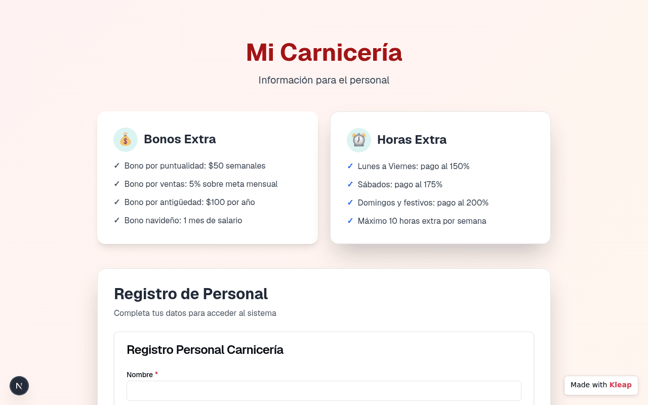 A clear and concise internal portal for a butcher shop, detailing extra bonuses and overtime policies.