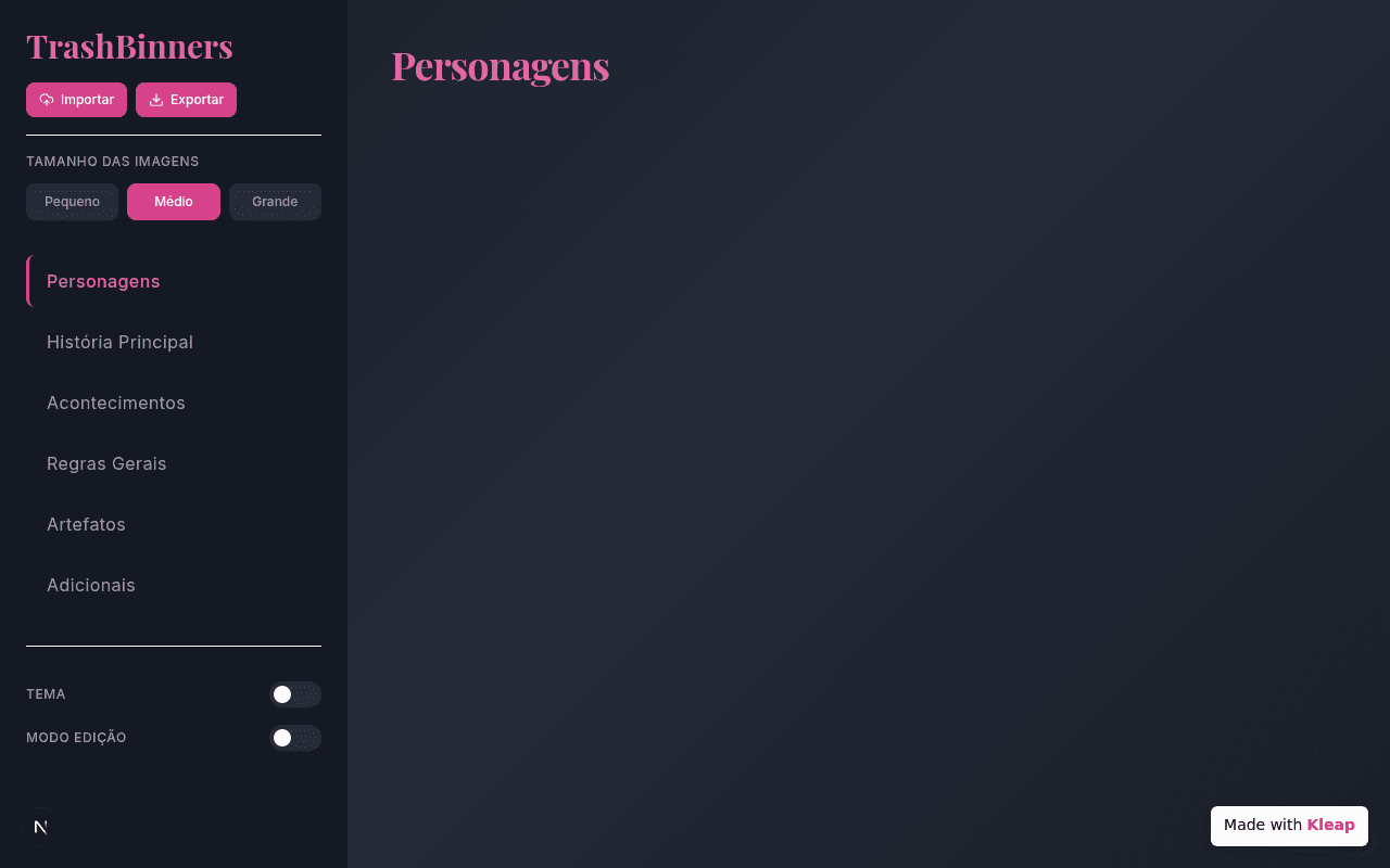 A clean, dark-themed dashboard for managing narrative elements with distinct content sections.