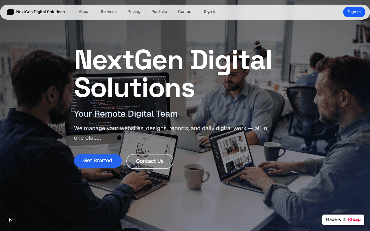 A clean digital agency site that highlights remote team solutions for businesses.