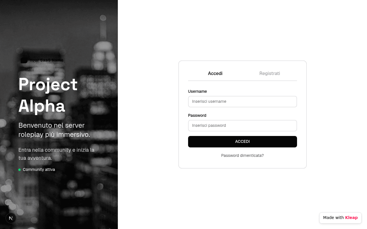 Project Alpha offers an immersive roleplay server experience with a clean login flow.