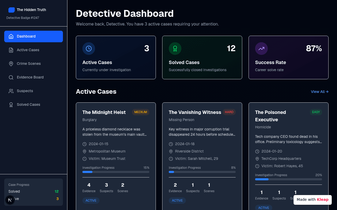 A sleek, immersive dashboard that empowers detectives to track active cases and monitor success rates.
