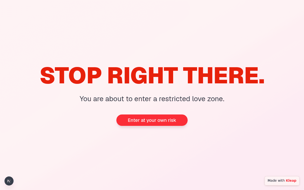 A playful landing page teasing entry into a 'restricted love zone' with bold typography.