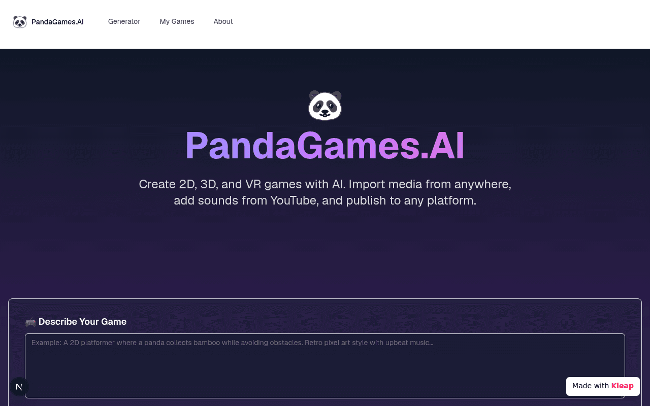 Design, create, and publish immersive 2D, 3D, and VR games with AI assistance.