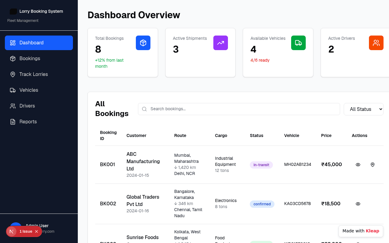A clean and functional dashboard for managing lorry bookings, tracking shipments, and fleet operations.