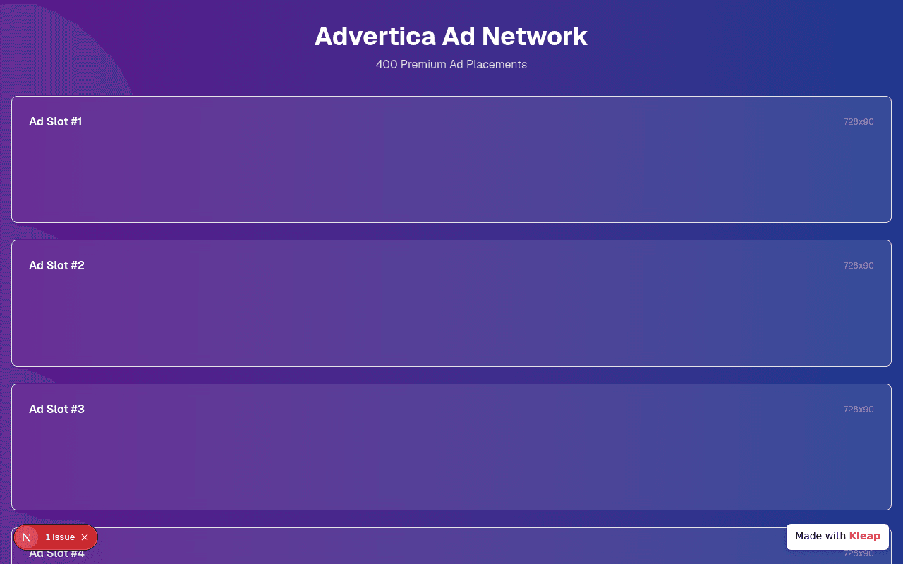 A minimalist ad network showcasing available ad slots with their dimensions.