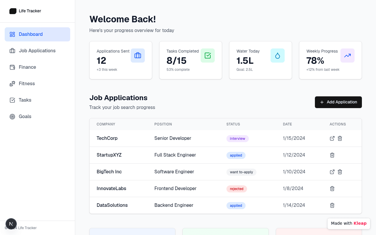 Intuitively track your daily tasks, job applications, fitness, and financial goals with ease.