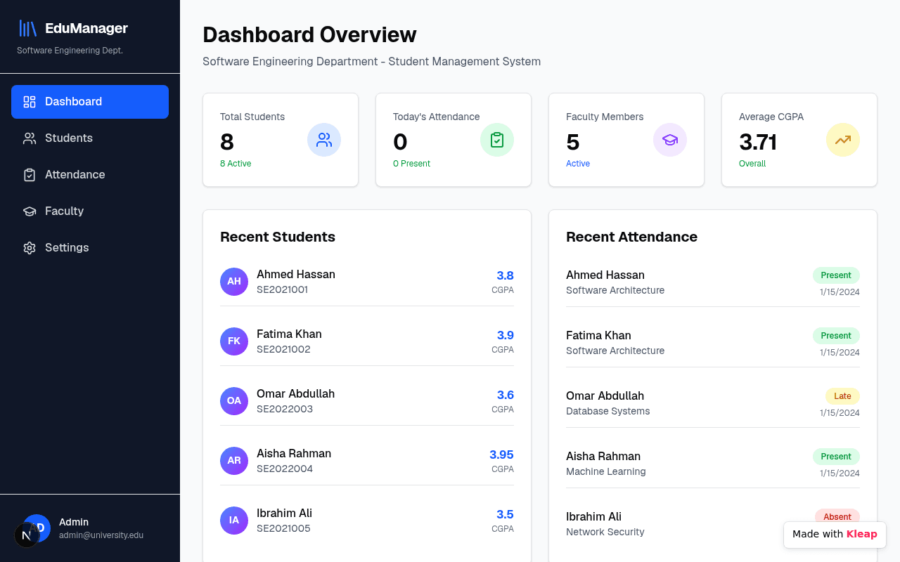 A clean student management dashboard for engineering departments, offering quick insights.