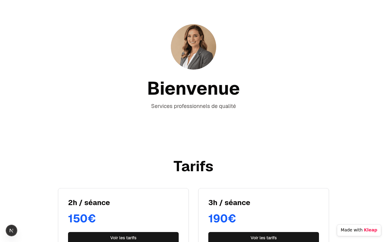A personal services page that clearly outlines offerings and pricing for clients.