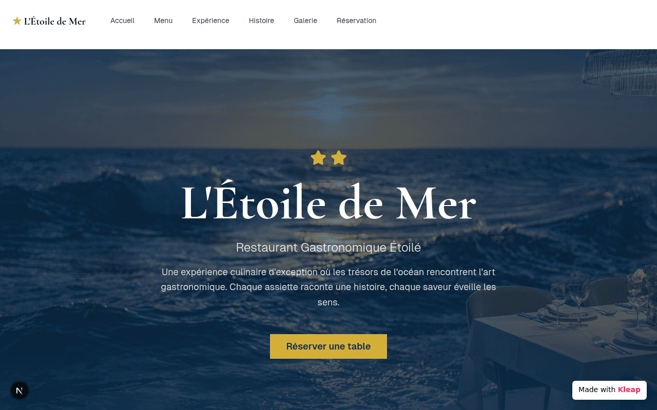 A sophisticated online presence for an upscale restaurant, blending elegance with oceanic charm.