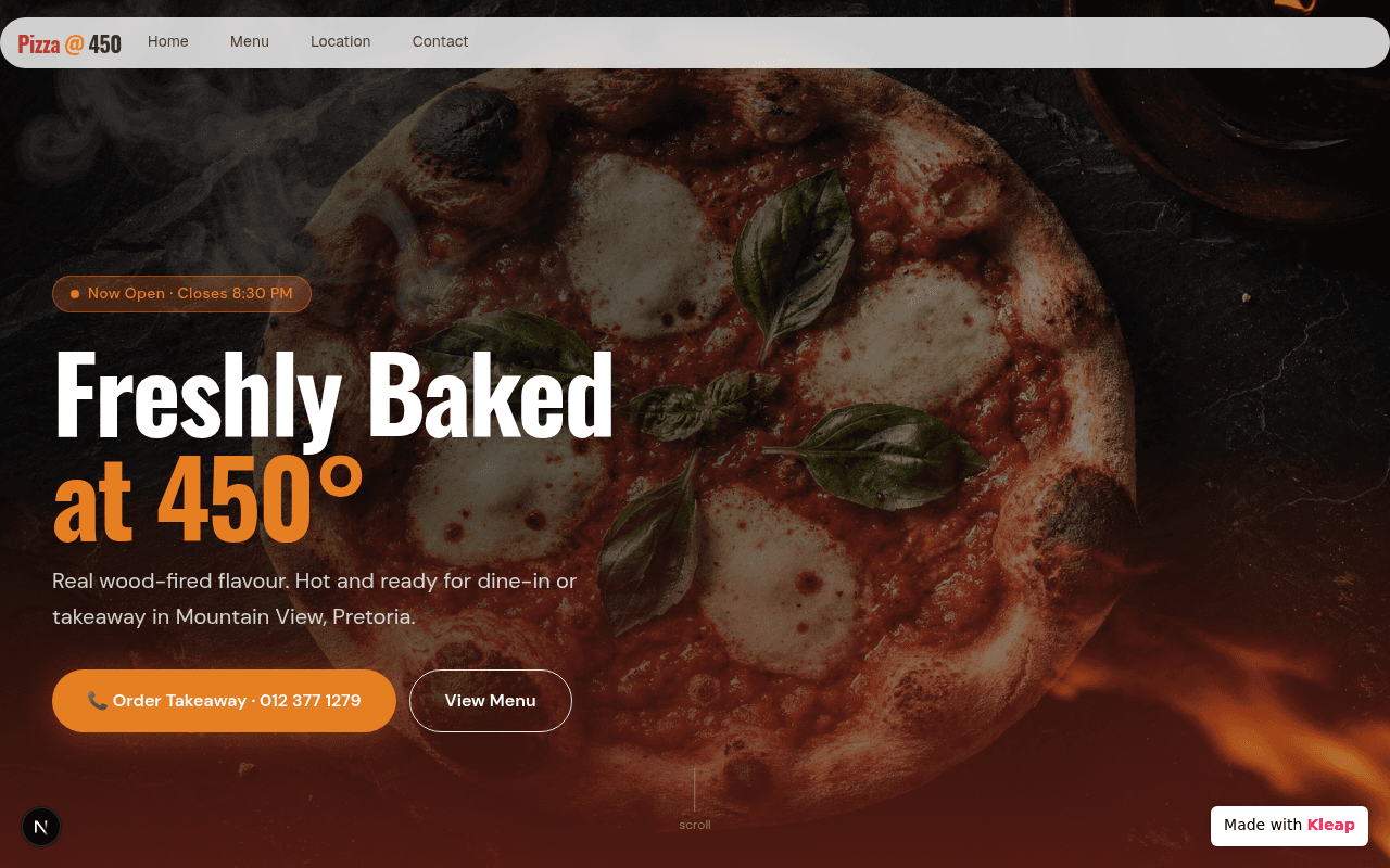 Showcasing wood-fired pizza with engaging visuals and clear calls to action for easy ordering.