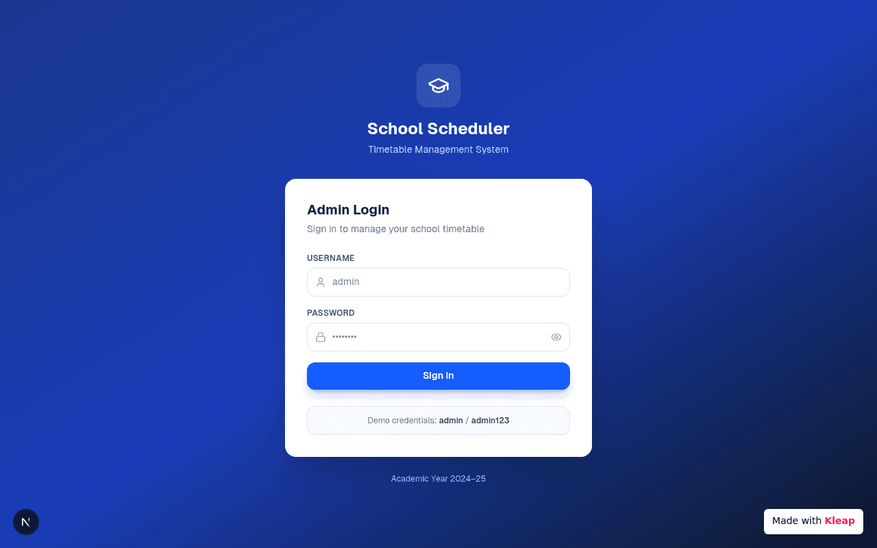 Streamline school timetable management with a clean, intuitive admin login portal.