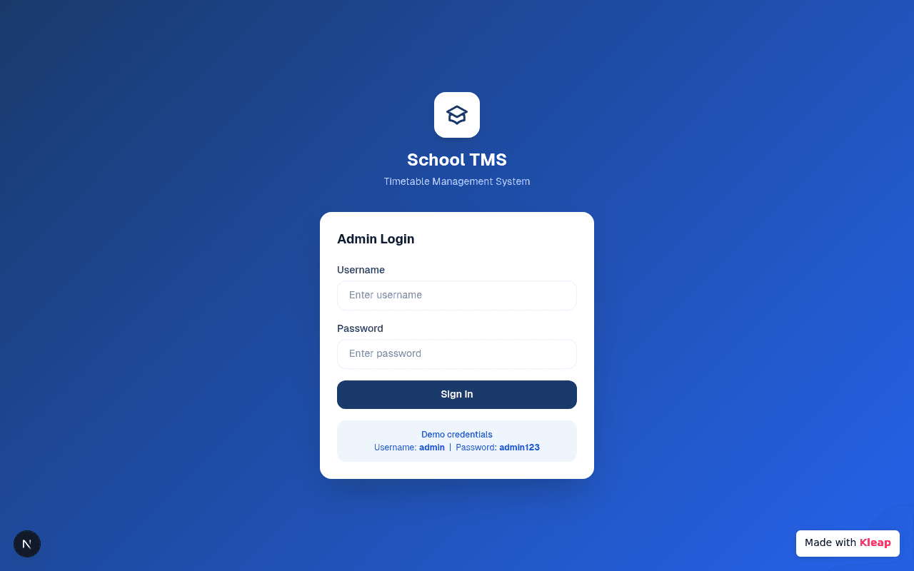 A clean, functional admin login for a school's timetable management system.