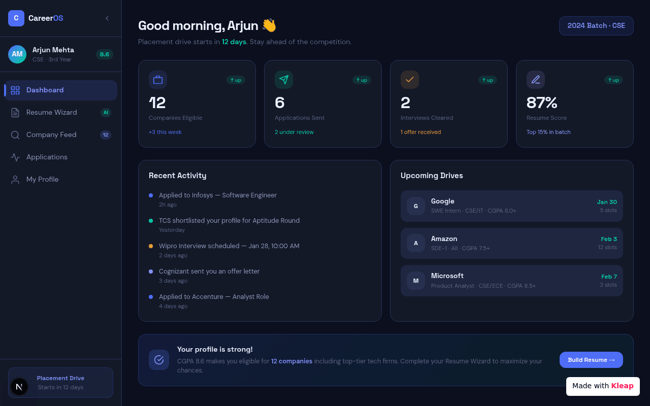 A college placement dashboard that elegantly organizes academic performance and career opportunities.