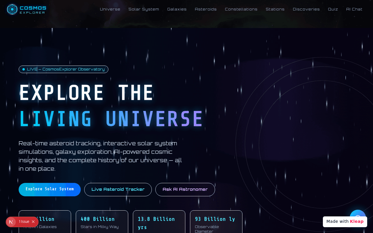 Explore the cosmos with real-time tracking, interactive simulations, and AI-powered insights.