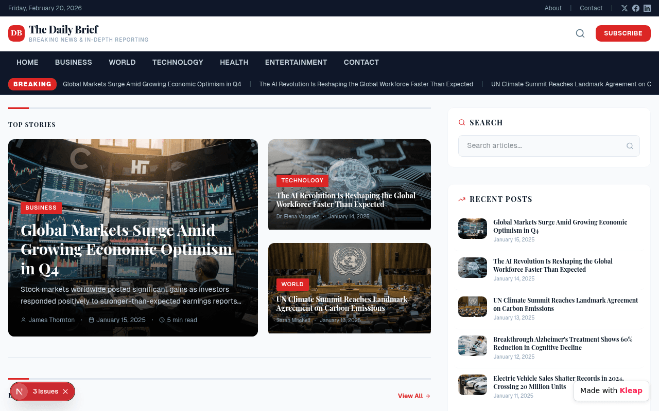 Stay informed with a clean, well-structured news platform featuring top stories and recent posts.