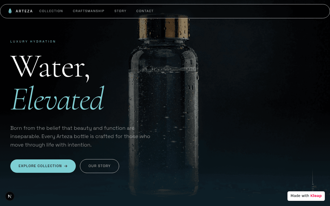 Minimalist design for an elevated water bottle brand, focused on craftsmanship.