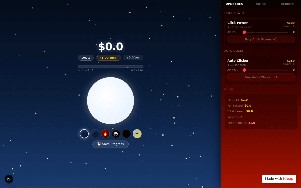 A minimalist clicker game where players evolve celestial bodies and manage upgrades.