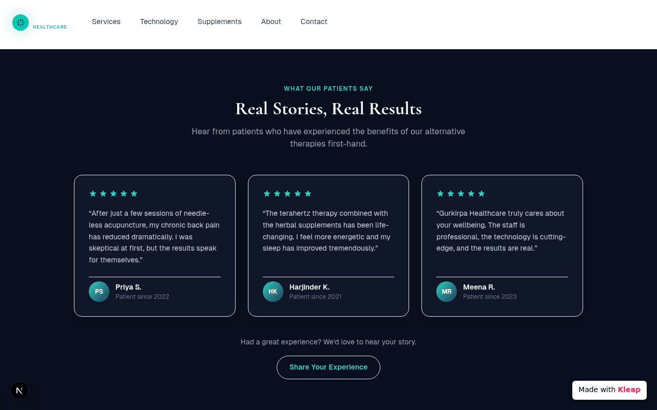 Presents patient testimonials for alternative therapies with a clear, dark-themed aesthetic.