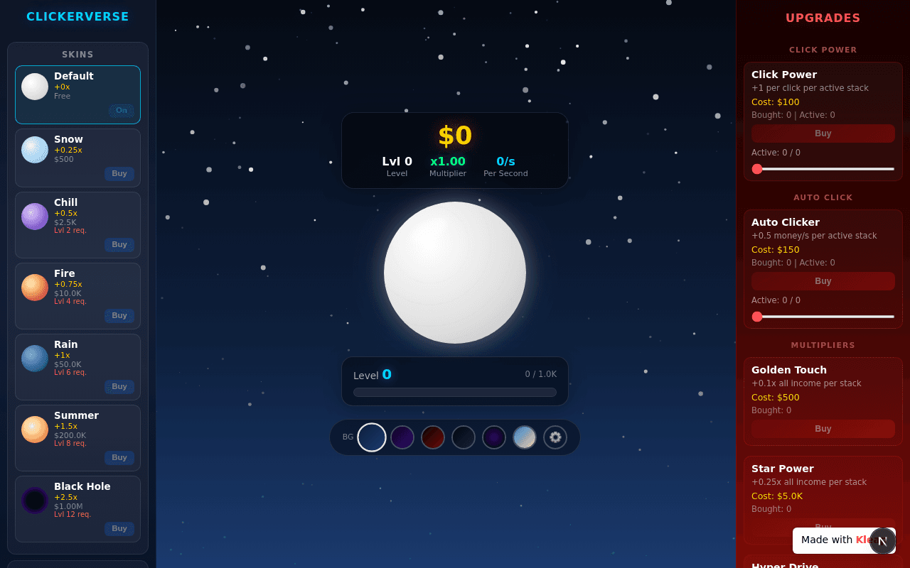 Tap your way to riches in this cosmic clicker with vibrant skins and strategic upgrades.