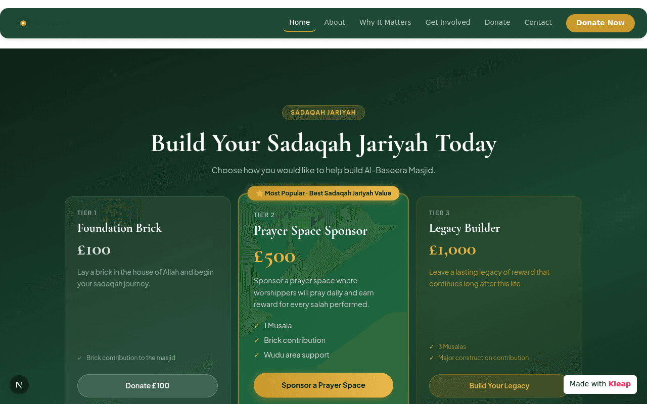 A clear, compelling donation page designed to fund the Al-Baseera Masjid Relocation Project.