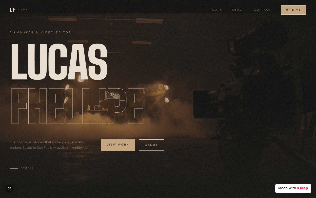 A filmmaker and video editor's portfolio with a moody, cinematic aesthetic.