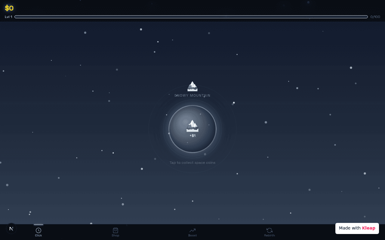 A minimalist clicker game that gamifies accumulating space coins from cosmic mountains.