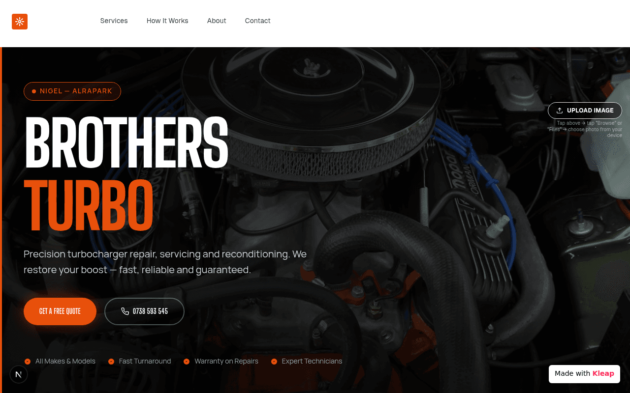 A turbocharger repair service with a dark, automotive-themed hero section and clear calls to action.