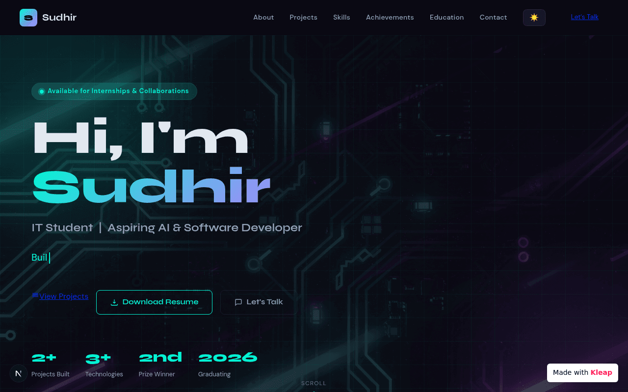 A developer's portfolio crafted with modern dark aesthetics and clear communication.