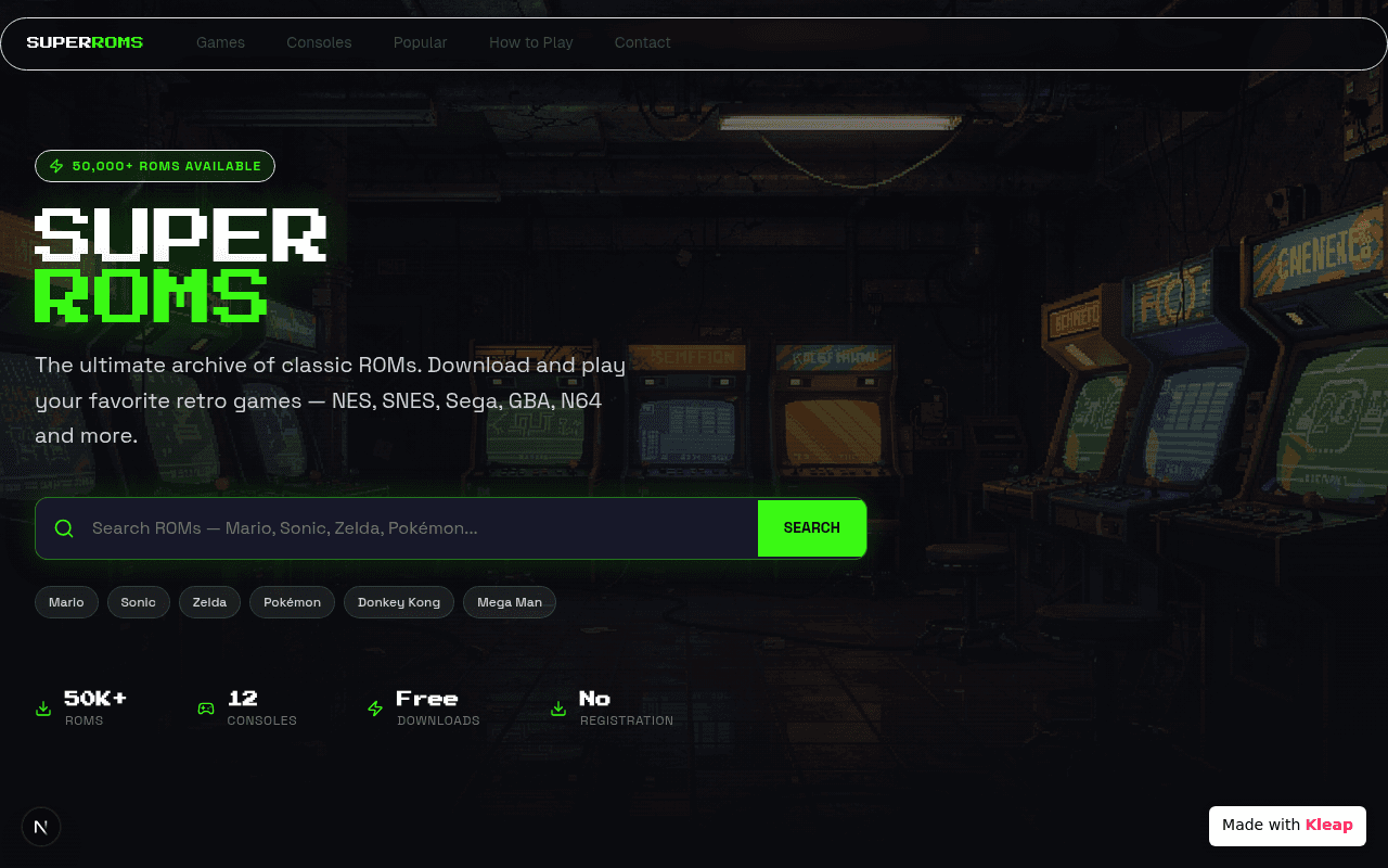 Relive retro gaming glory with a sleek, searchable archive of classic ROMs.