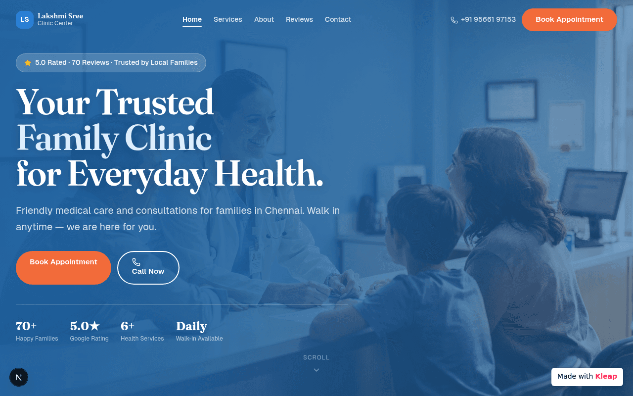 A welcoming clinic website offering family-focused medical care with clear calls to action.