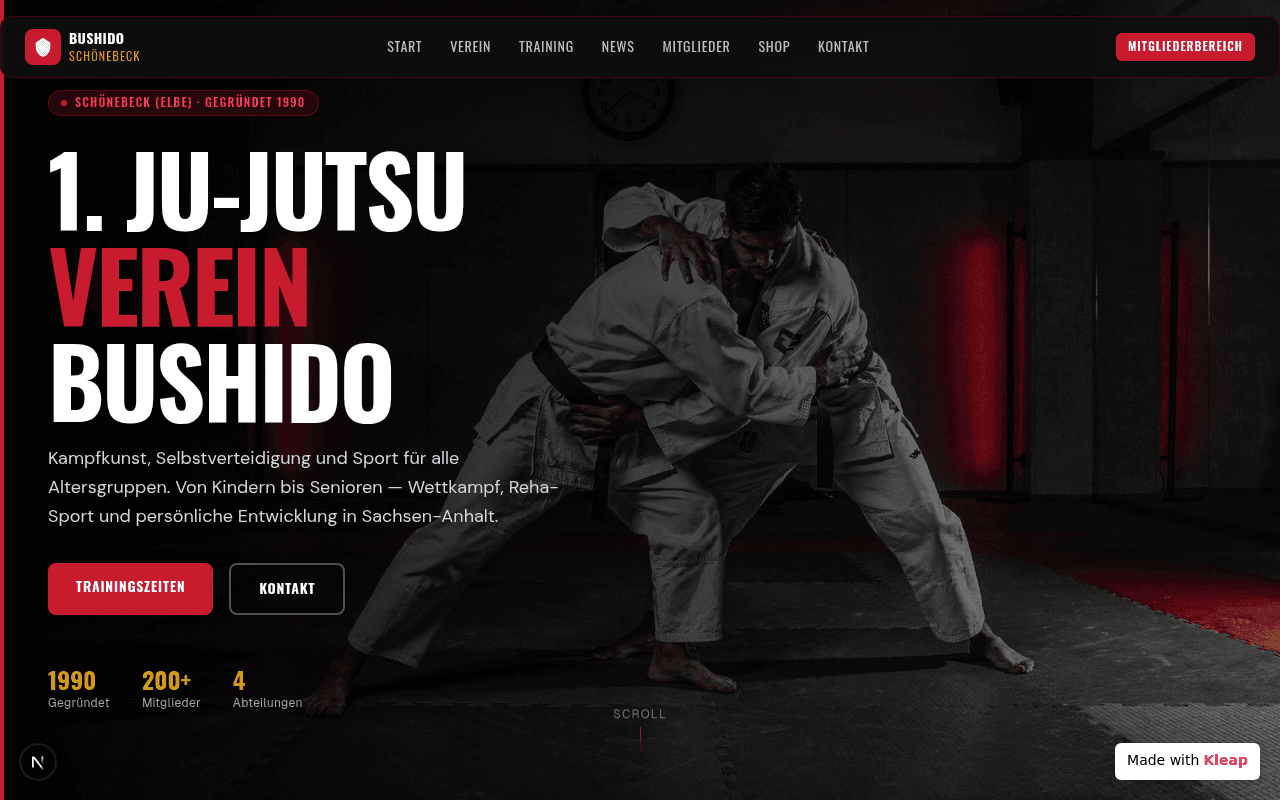 A dynamic martial arts club website that connects members with training schedules and community.