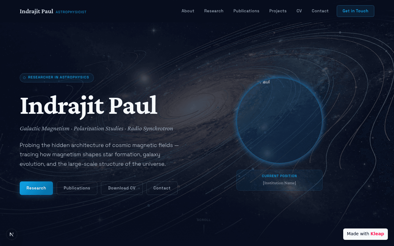An astrophysicist's portfolio page that visually conveys expertise against a cosmic backdrop.