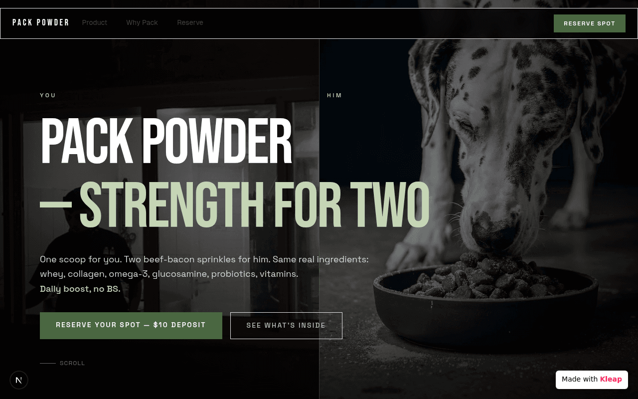 A clean, dual-purpose pet supplement site highlighting shared health for humans and dogs.