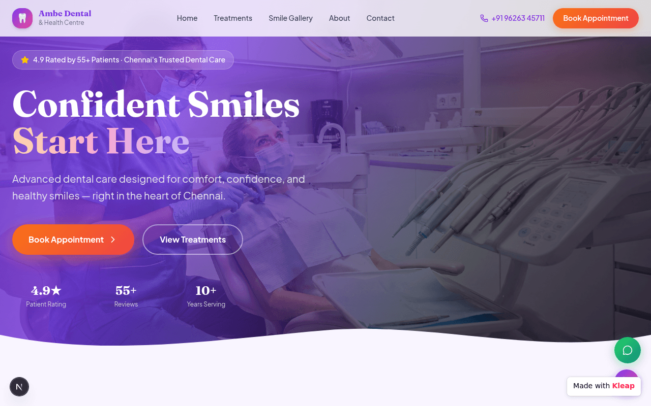A dental clinic website using strong visuals and clear calls-to-action to establish trust and invite engagement.