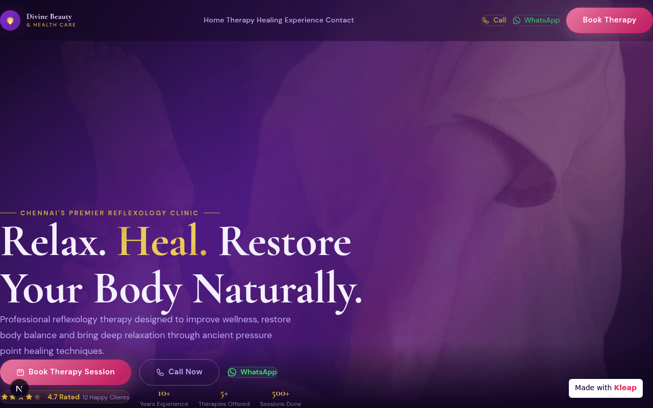 A clean, inviting page for a reflexology clinic, naturally restoring balance and wellness.