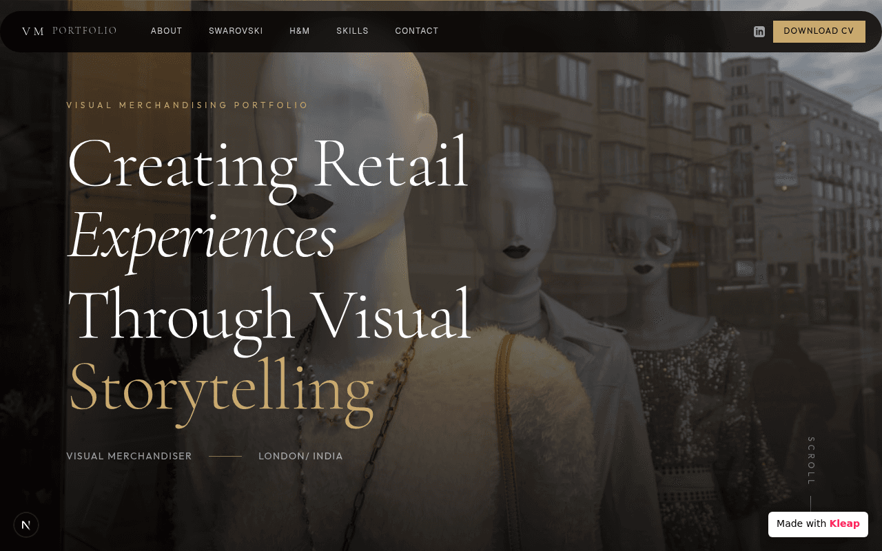 A chic portfolio revealing the art of crafting retail experiences through visual storytelling.