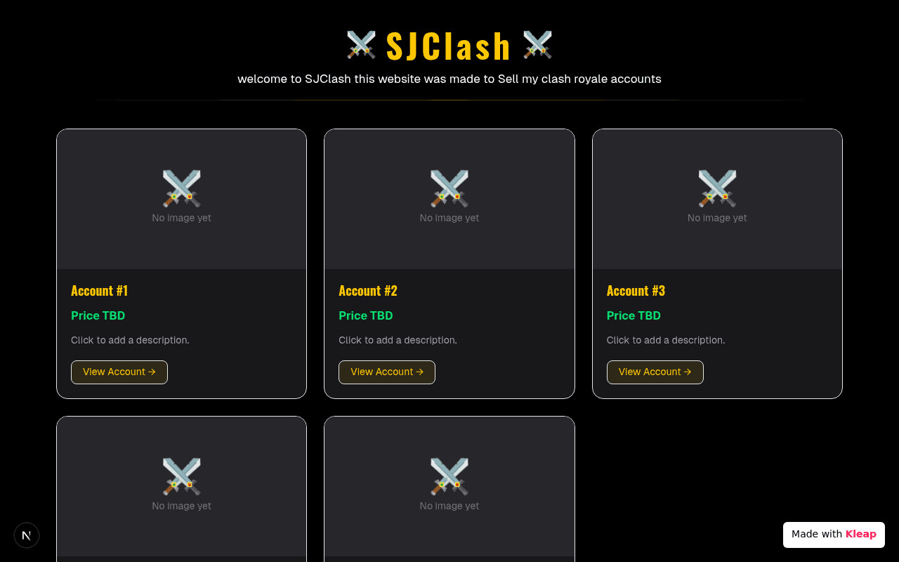 A minimalist marketplace for selling Clash Royale game accounts with clear listings.
