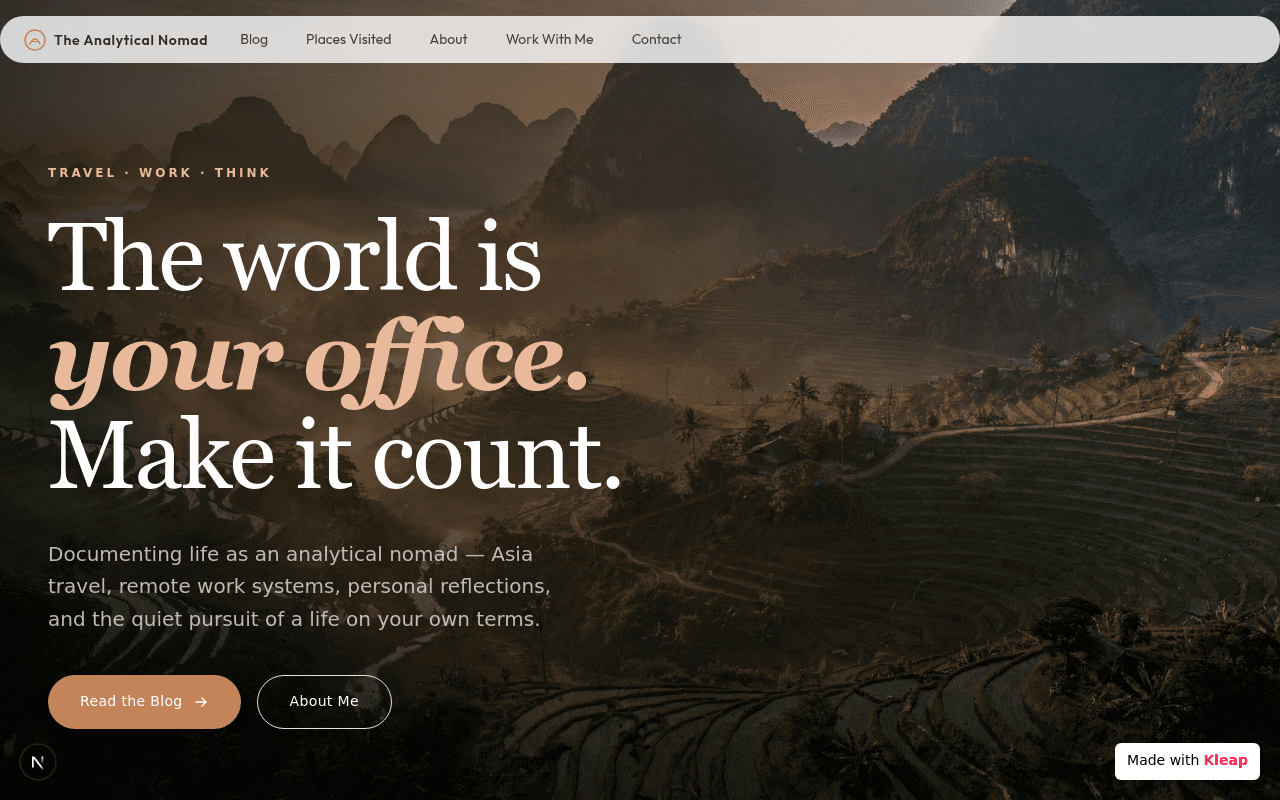 Documenting analytical nomad life with a dark, immersive design that inspires exploration.
