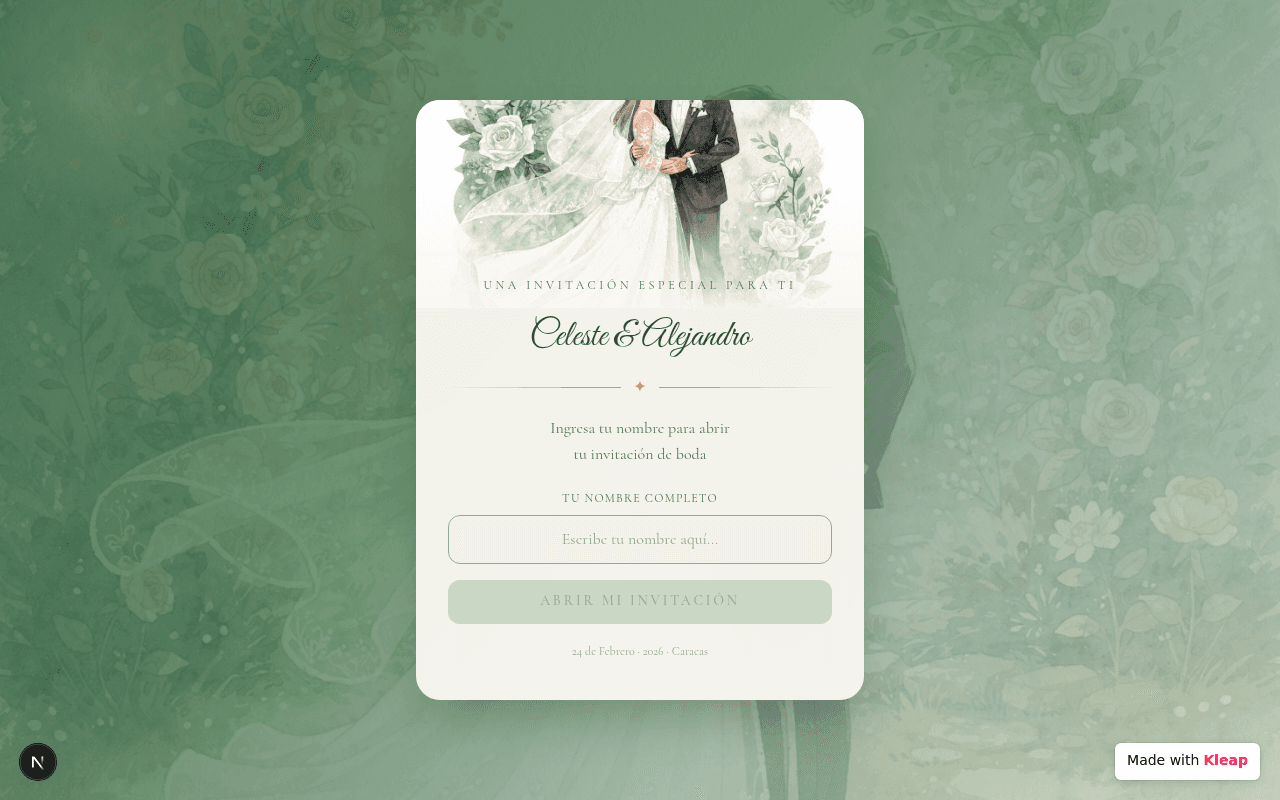 A soft, elegant wedding invitation that requests a name to reveal personalized details.