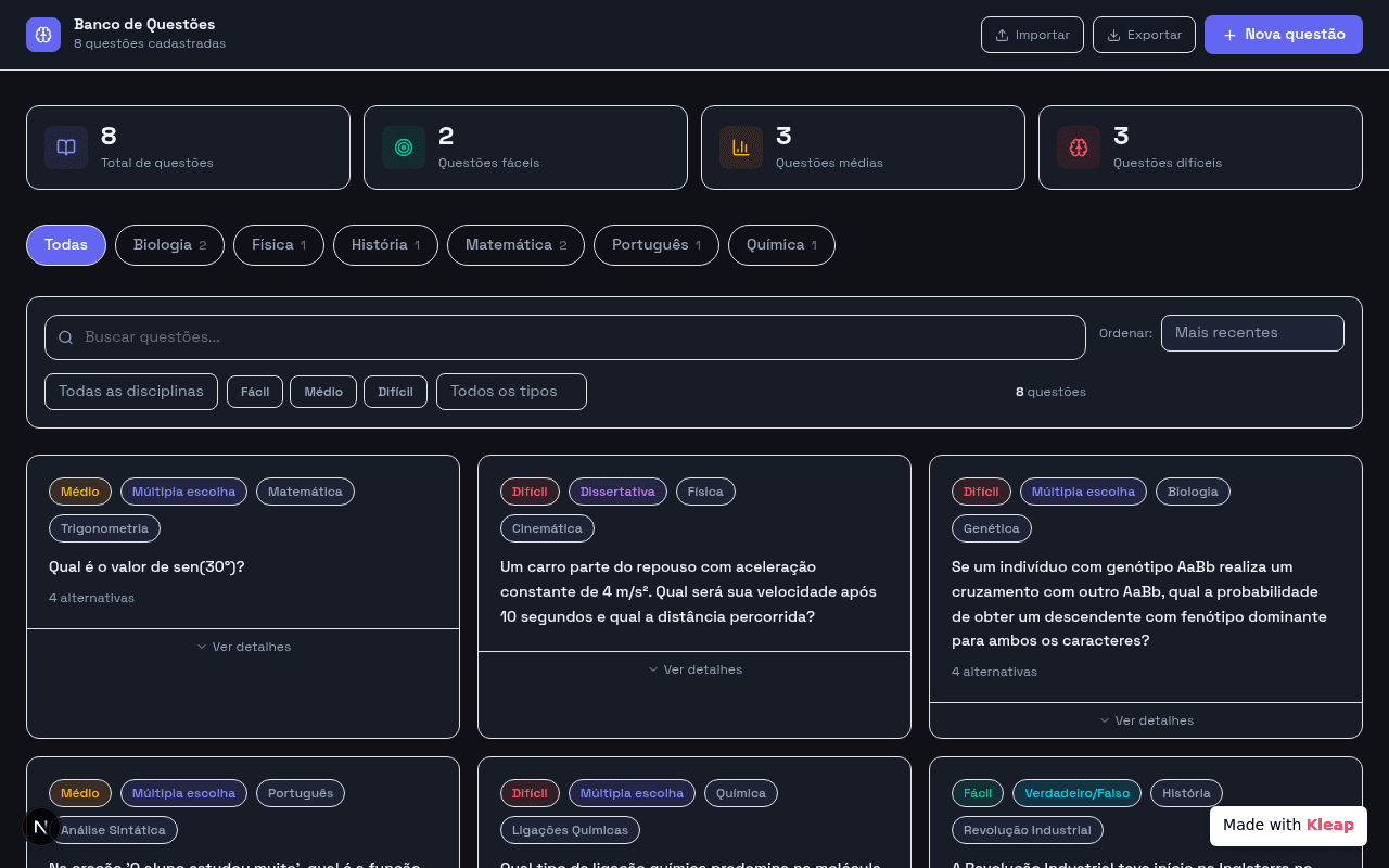 A question bank with filters and creation tools, simplifying educational content management.