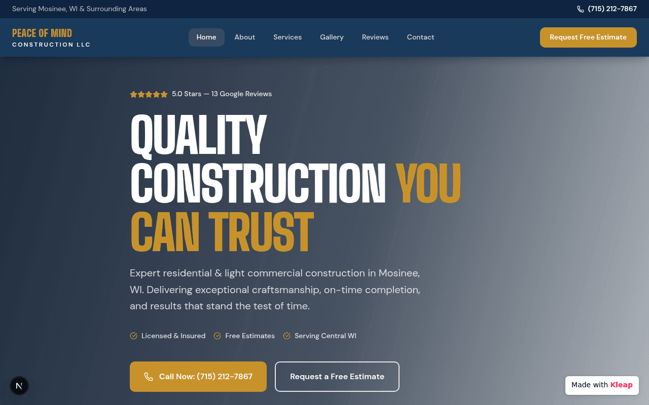 A construction company site that highlights trustworthiness with clear calls to action.