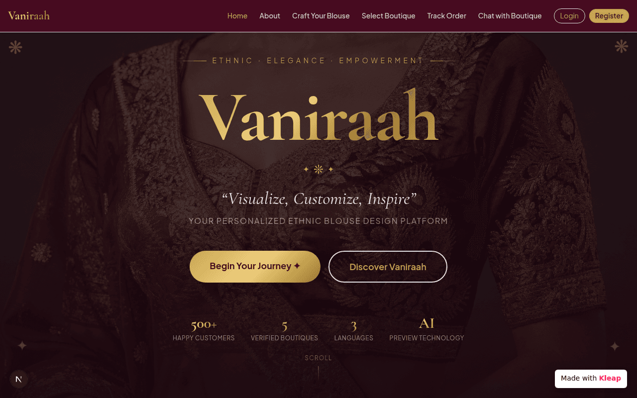 Design custom ethnic blouses with AI-powered visualization and boutique connections.
