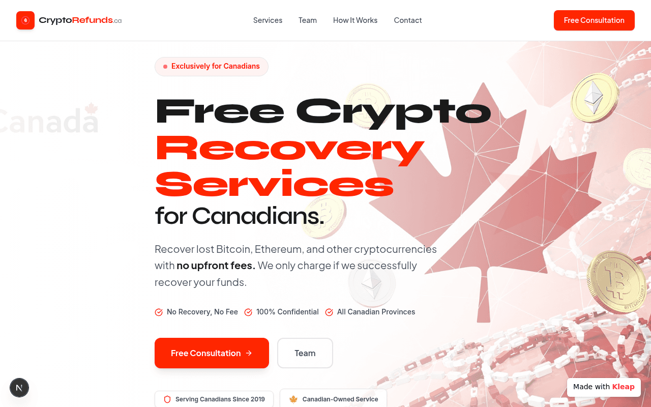 A clean, Canadian-focused service for recovering lost crypto with no upfront fees.
